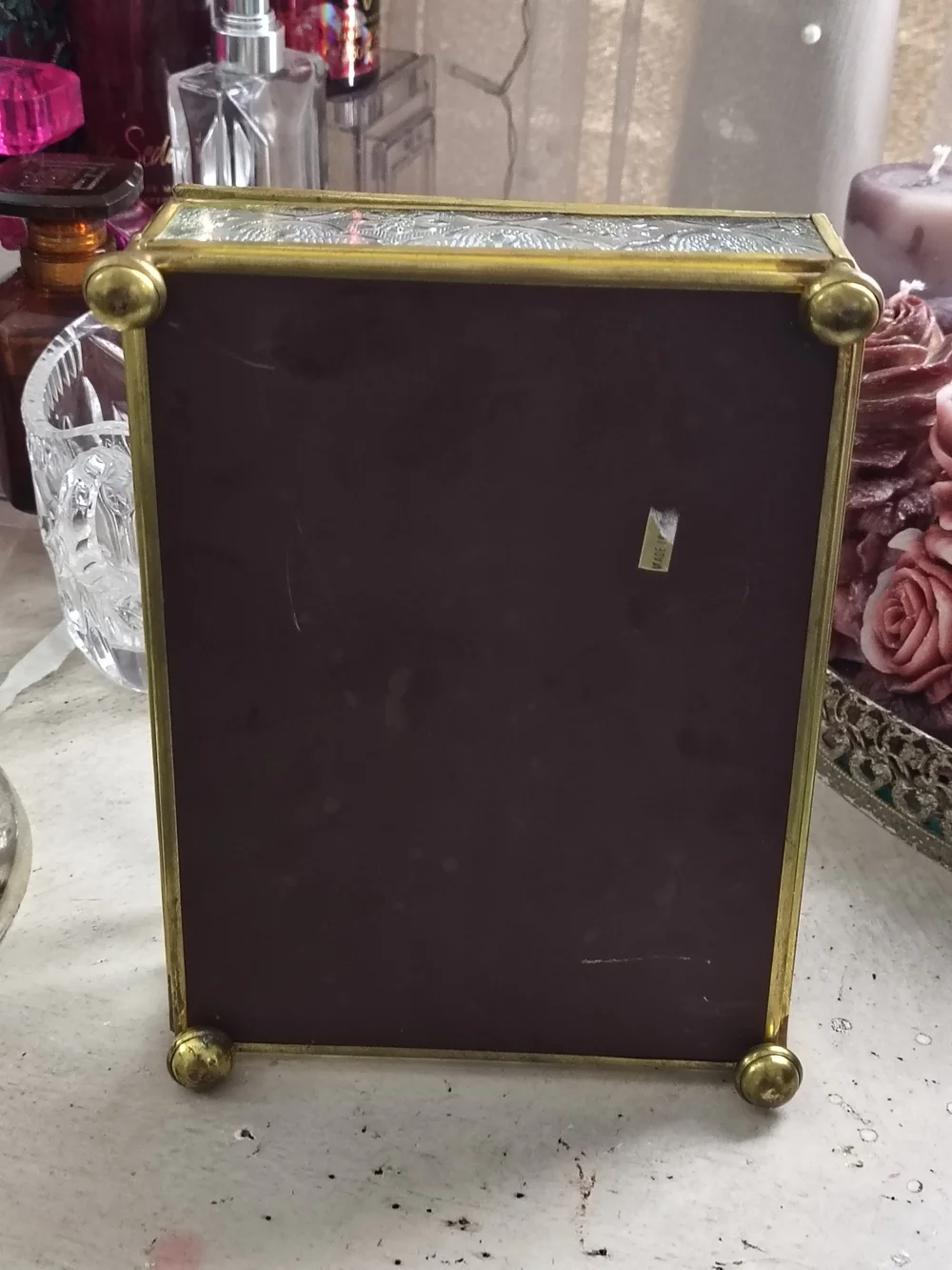 Vintage Brass & Embossed Glass Unicorn Jewelry Box Etched Frosted Glass Trinket